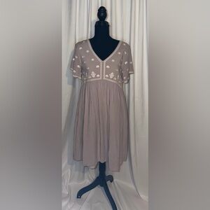 Roolee Embroidered Babydoll Dress Taupe Boho Cottagecore
